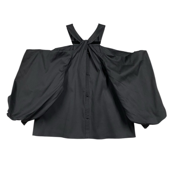 NEW Inc Puff Sleeve Off Shoulder Halter Dark Romantic Blouse Sz L Black - Picture 1 of 8